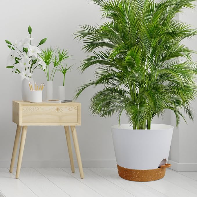 12 inch Large Self Watering Pots for Indoor Outdoor Plants, Flower Plant Pots with Drainage Holes for Garden House Plants, Plastic Planters with Reservoir for Home, White with Brown