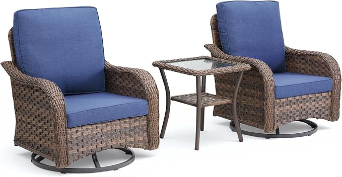 Patio Wicker Chairs Swivel Rocker Outdoor Rocking Chairs Set of 3 Rattan Furniture Set with Thick Cushion, Side Tables for Balcony Deck Backyard, Blue