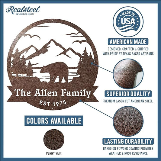 RealSteel Personalized Bear Metal Sign - Custom Outdoor Wall Art with Mountain Scene - Circular Design for Porch, Patio, Lawn & Garden Décor - Textured Silver, 30"