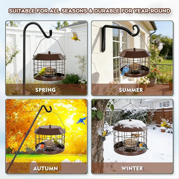 Gbekery Caged Bluebird Feeder for Mealworms with Glass Bowl, Squirrel Proof Bird Feeder for Small Birds Only, Detachable Hook, Large Space, Outdoors Weatherproof, Metal, Brown
