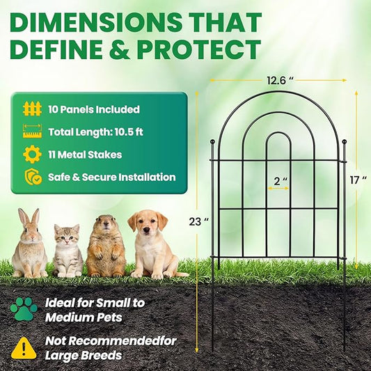 Garden Fence Panels – 17"(H)x 10.83ft Arched Fencing with Tool-Free Install, Metal Fence Panels Rustproof Outdoor Barrier for Yard, Patio, Flower Beds, Dog Barrier, Decor and Garden Edging