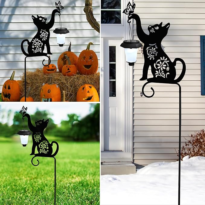 Cat Solar Lights Outdoor Garden Decoration, Cat Garden Statues, Outdoor Metal Decorative Stakes with Solar Lantern for Lawn Yard Pathway Patio Gardening Gifts