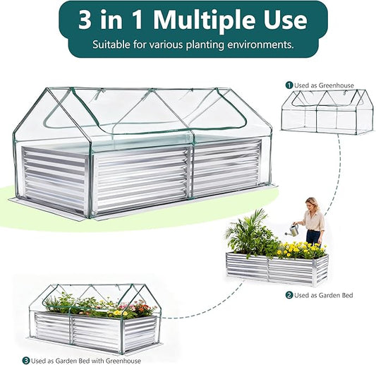 NEWBULIG 6x3x2ft Galvanized Raised Garden Bed with Greenhouse Cover, Outdoor Metal Planters Box for Planting Vegetables, Flowers & Herbs, Easy Assembly, Clear