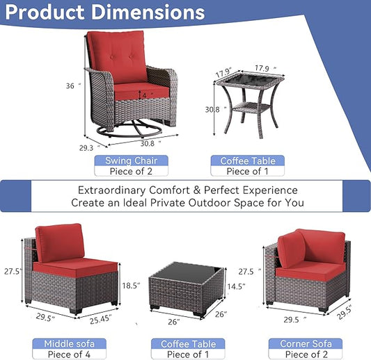 10 Pieces Outdoor Patio Furniture Set with Swivel Rocking Chairs, PE Wicker Rattan Outdoor Sectional Patio Set, Outdoor Patio Conversation Set, Red