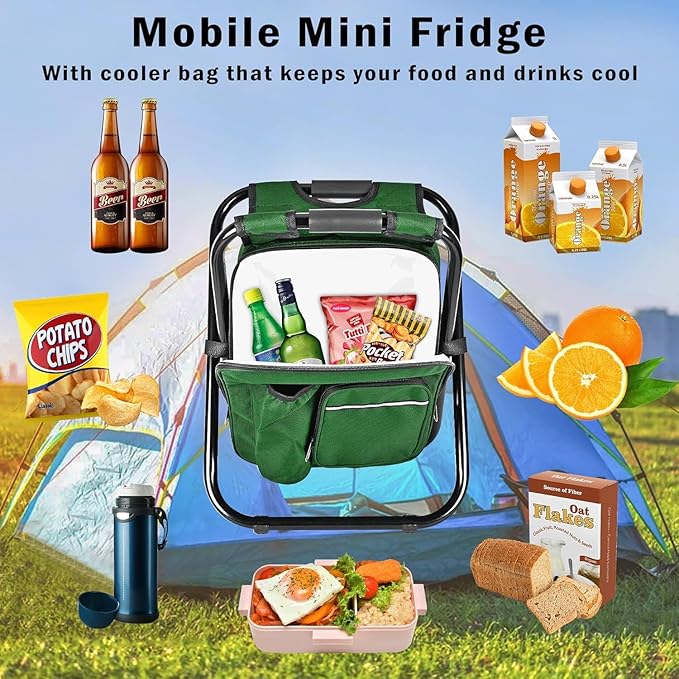 Kikerike Portable Stool Backpack Cooler Chair 300 LBS Max Load Folding Fishing Cooler Backpack Stool for Outdoors Hiking Beach Travel - Army Green