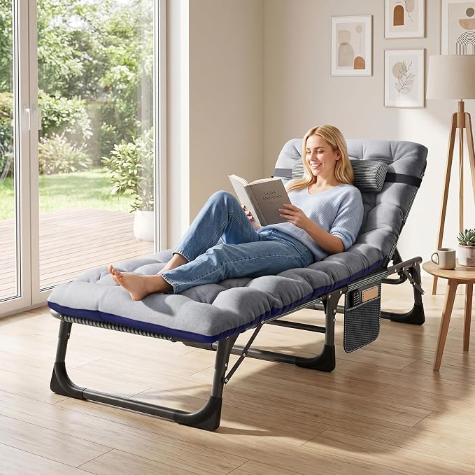 ABORON 3-in-1 Folding Patio Lounge Chair, 440LB Heavy-Duty Tri-Fold Guest Bed with Plush Cotton Cushion, No Assembly Adjustable Recliner for Office Nap, Patio Sunbathing, Poolside & Camping
