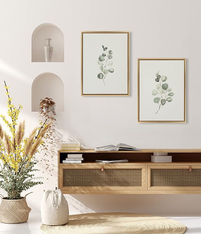 Kate and Laurel Sylvie Eucalyptus 4a & Eucalyptus 4b Framed Canvas Wall Art Set by Maja Mitrovic of Makes My Day Happy; 2 Piece 18x24 Gold; Chic Greenery Wall Décor
