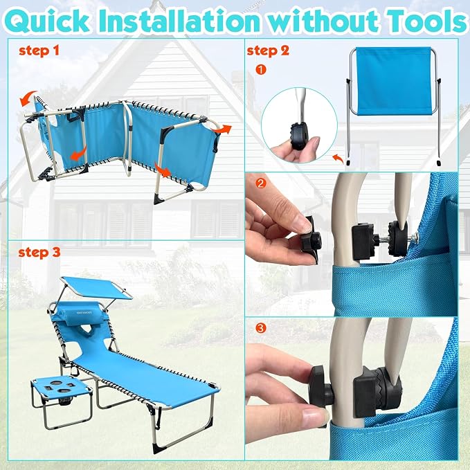 Outdoor Tanning Chair with Sun Canopy Shade & Face Hole, Folding Lounge Chair with Beach Table and Carry Bag for Poolside Sunbathing Lawn