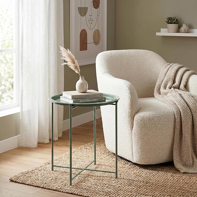 VECELO Side/End Table, Folding Round Metal Anti-Rust and Waterproof Outdoor or Indoor Tray for Living Room Bedroom Balcony and Office, 2 PCS, Dark Green