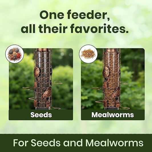 Squirrel-Proof Bird Feeders for Outdoors Feeds Mealworms and Seeds - Large 3-Pound Capacity, Weather-Resistant Hanging Tube for Birds Includes Seed Scoop, 4 Hook-Shaped Perches, Anti-Squirrel Weights