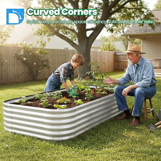 Quictent Raised Garden Bed Kit Oval Galvanized Metal Planter Box Tall for Vegetables Outdoor Backyard, Strengthened by Crossbar, Silver 8x4x1.5 ft