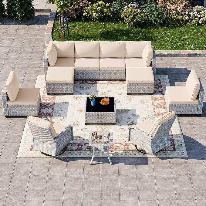 12-Piece Patio Furniture Set, Outdoor Patio Furniture with Swivel Chairs Set, Ottomans, Modular Patio Sofa, Dual-Strand Wicker Rattan, Rust-Resistant Frame, Khaki