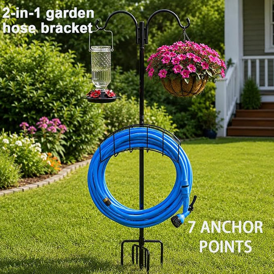 2-Pack Heavy Duty 7-Prong Garden Hose Holder with Dual Hooks | Freestanding Heavy Duty Garden Hose Stand,150FT Capacity Outdoor Yard Organizer for Bird Feeder and Plant Hanging