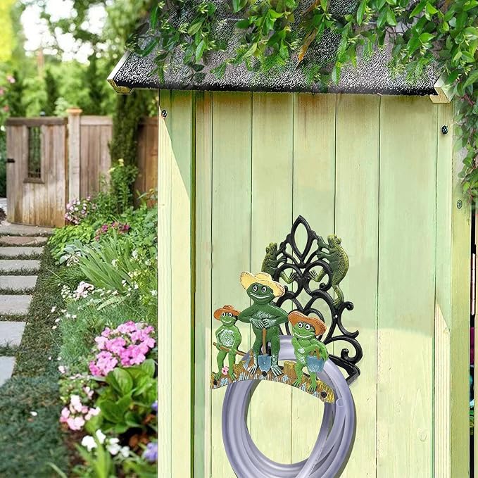 Garden Hose Holder Cast Iron Heavy Duty Water Hose Hanger, Outside Wall Mount, Solid Metal Decorative Rack/Organizer/Stand, Easy to Install, Hold Up to 50/75/100 ft (Hose holder - 3 Frogs)