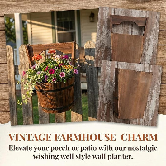 Rustic Wooden Wall Hanging Planter, Decorative Wishing Well Style Half-Barrel Plant Pot for Indoor Outdoor Garden, Vertical Flower Bucket for Fence, Patio & Porch Decor