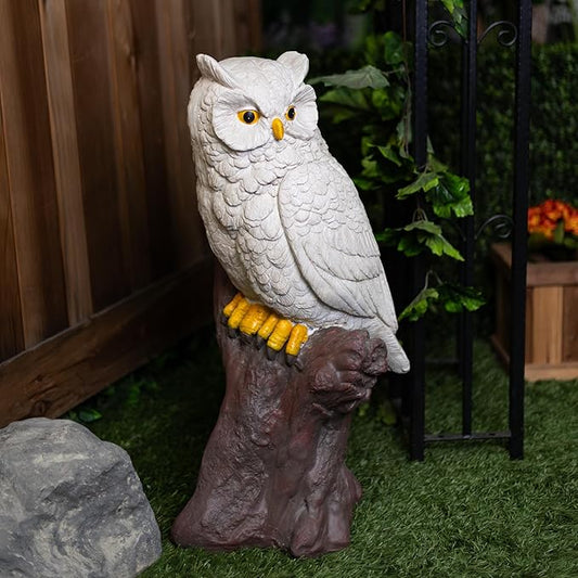 Alpine Corporation JUM584 Indoor Outdoor Life Like Owl on Tree Trunk Garden Static, Rustic Owl Statue for Yard, 28" Tall, White