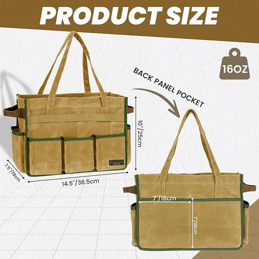 Canvas Tool Bag, 16OZ Waxed Canvas Tool Tote Bag with Metal Zipper & 12-Pocket Design, Multi-Purpose Garden Tool Storage Tote for Electrician Gardener Plumber | Khaki | 14.5"L x 7.5"W x 10"H