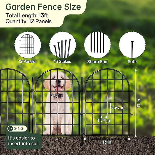 12 Panels Garden Fence, 13.8 ft(L) x 17 in(H) Arched No Dig Fence, Decorative Animal Barrier Fencing with Ground Stake, Rustproof Metal Garden Edging Border for Dog, Rabbit, Outdoor Yard Patio Decor