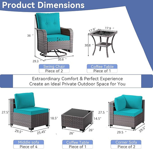 10 Pieces Outdoor Patio Furniture Set with Swivel Rocking Chairs, PE Wicker Rattan Outdoor Sectional Patio Set, Outdoor Patio Conversation Set, Blue