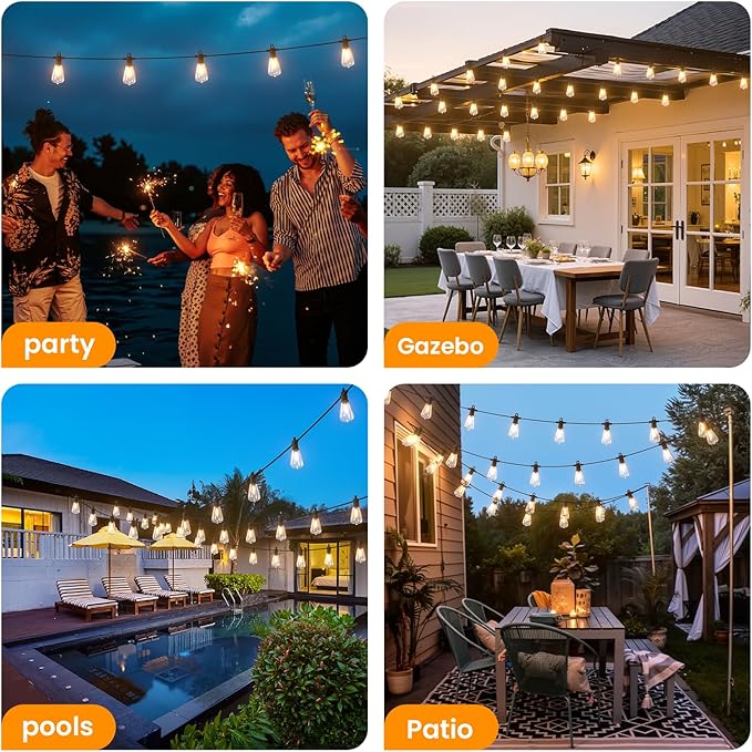 ZOTOYI Outdoor String Lights,50FT Patio Lights with 27 Vintage Edison Bulbs (2 Spare),ST38 Waterproof Outside Hanging Light for Backyard, Bistro, Cafe, Gazebo, Porch Decor, Dimmable 2700K