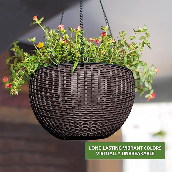 Dexceder 10.5 Inch Large Self Watering Hanging Planters Indoor Outdoor, Thickened Hanging Basket Flower Plant Pot with Water Level Indicator (Brown)