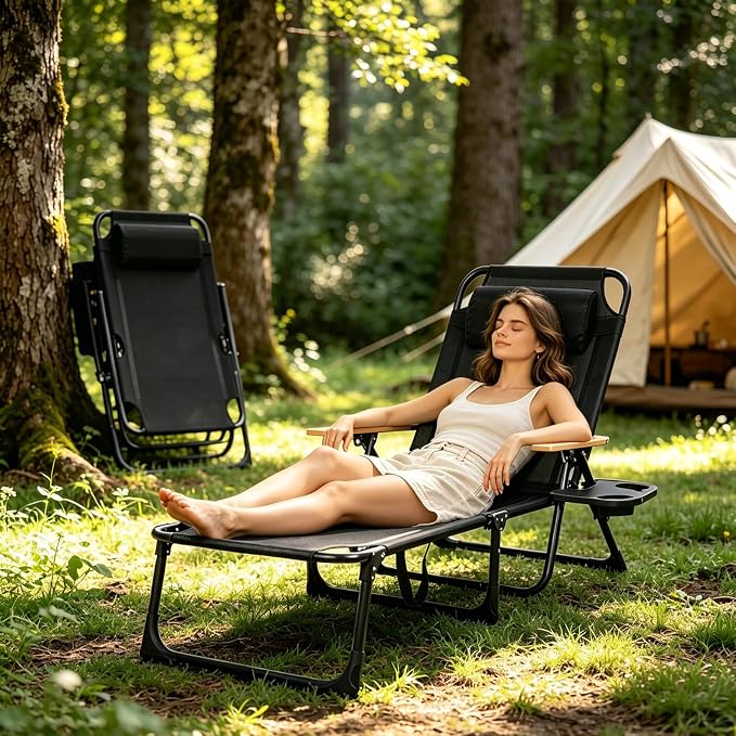 Folding Lounge Chairs for Outside, 4-Position Reclining Outdoor Lounge Chair, Sun Bathing Lounge Chair with Wooden Armrest, Pillow & Cup Holder, Reclining Beach Chair for Garden Beach Patio Camp