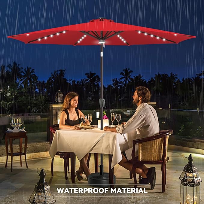 10ft Solar Umbrella Outdoor - Lighted Patio Umbrella with 40 LED Lights Waterprool Uv Protection, Table Umbrella with Tilt & Crank for Pool, Porch, Garden, Deck, Backyard(Red)