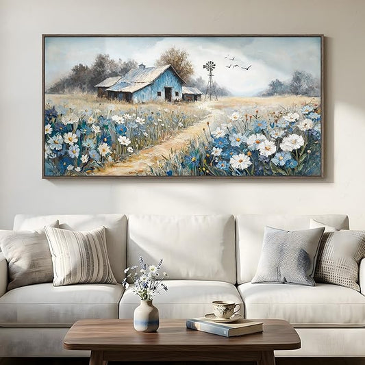Large Framed Farmhouse Canvas Wall Art for Living Room, Blue Vintage Rustic Barn Horizontal Canvas Prints, Country Floral Wall Decor for Bedroom Dining Room Hallway 30x60 Inch