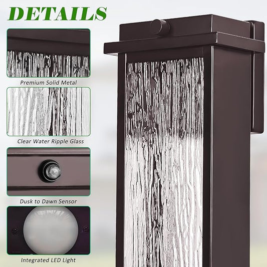 Oil Rubbed Bronze LED Dusk to Dawn Outdoor Lighting 2 Packs, 16" Large Outside Farmhouse Wall Lantern Brown, Industrial Porch Wall Mount Light Fixture with Rippled Glass, Modern Exterior Sconce Lamp