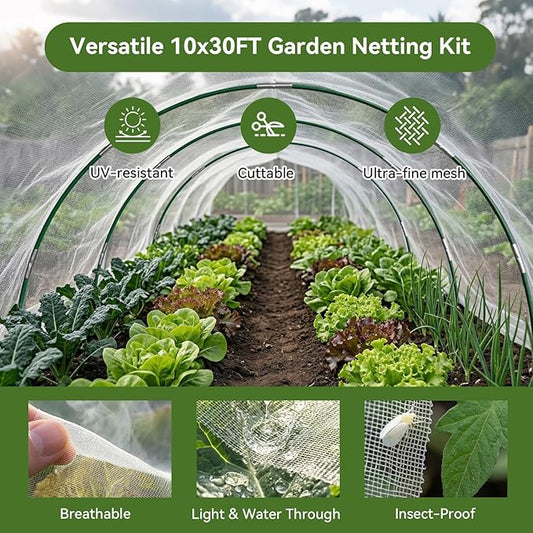 Garden Netting Kit for Raised Beds, 10x30FT Ultra Fine Mesh Netting& 6 Sets of 8FT Fiberglass Garden Hoops, Row Cover Insect Netting for Vegetable Plant Fruit Flowers Protection