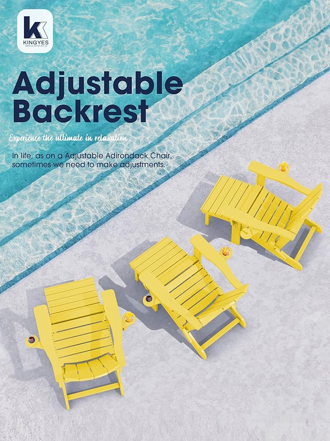 KINGYES Folding Adjustable Adirondack Chair with Ottoman & 2 Cup Holders Set of 4, HDEP Multifunctional Adirondack Chair with Footrest, Yellow