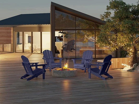 MUCHENGHY Folding Adirondack Chairs, Patio Chairs, Lawn Chairs, Outdoor Chair, Adirondack Chair Plastic, Fire Pit, Weather Resistant with Cup Holder for Deck, Backyard, Garden(Dark Navy Blue)