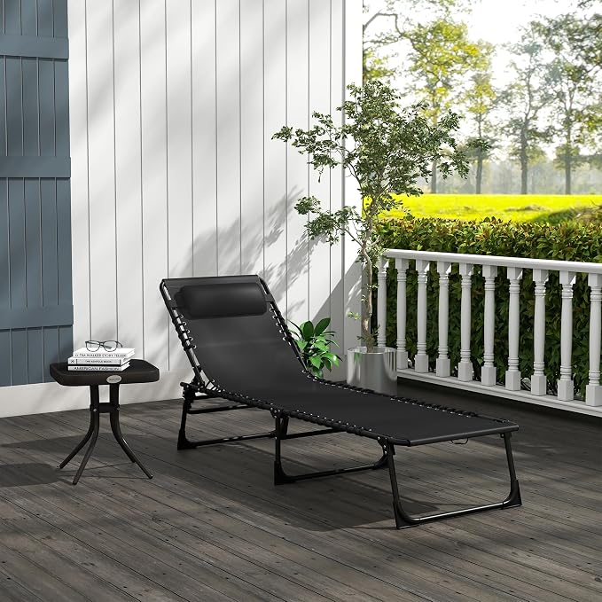 Outsunny Folding Chaise Lounge Chair Outdoor Mesh Seat Black | Foldable, Sun Tanning Chair, Chaise Lounger, 4-Position Reclining Back, for Outside Patio Beach Poolside Backyard
