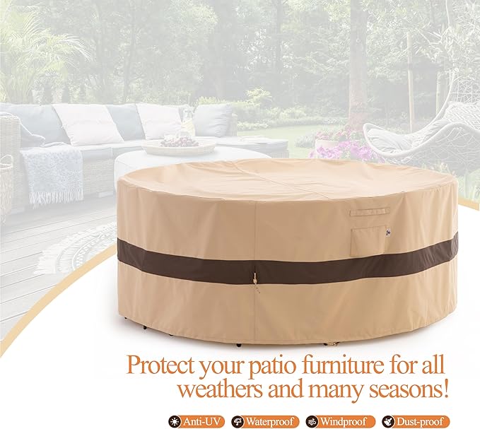 WJ-X3 Round Patio Furniture Cover, 72" D x 31" H, Waterproof, UV Resistant, Anti-Fading Outdoor Cover for Round Dining Table and Chairs Set, Beige & Coffee