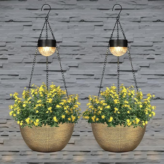 BAYN 2 Packs Solar Hanging Basket Planters for Plants Outdoor, Self Watering Copper Flower Plants Pots with Solar Light Drainer for Balcony Patio Garden Outdoor Decoration