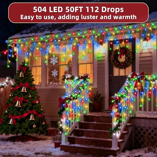 504 LED Christmas Lights Outdoor 50FT with 112 Drops, Christmas Decorations Hanging Lights 12 Modes, Dimmable Outsite Fairy String Lights for Wedding Party Holiday Winter Wonderland Decor Multicolor