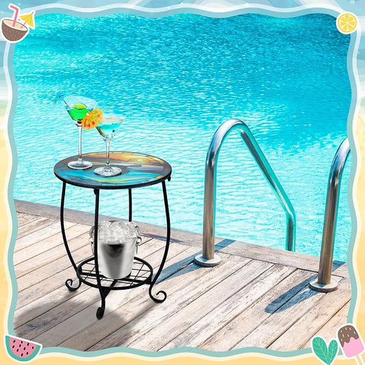 Cinnvoice Outdoor Side Table Round Small Mosaic Patio Accent Indoor End Plant Coffee Tea Table for Yard Patio Porch Garden Living Room, Bedroom(Turtle Style,16 Inch)