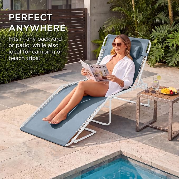 Best Choice Products Extra Wide Patio Chaise Lounge Chair, Portable Outdoor Folding Recliner for Lawn, w/ 8 Positions, Handles, 440lb Capacity - French Blue/White