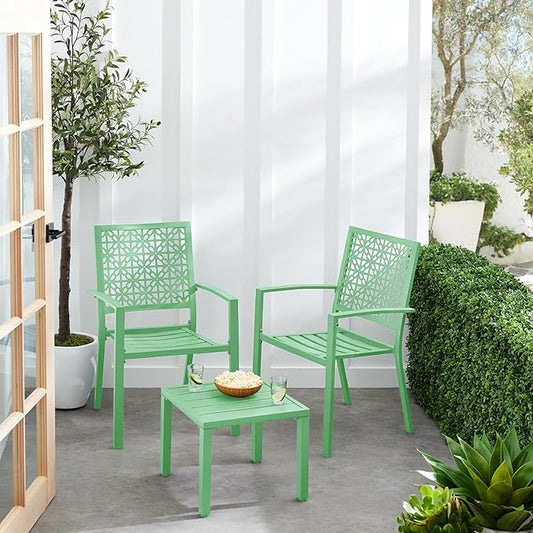 Best Choice Products 3-Piece Outdoor Bistro Set, Stackable Modern Steel Furniture for Porch, Garden w/ 2 Chairs, Table, Geometric Decor - Mint Green