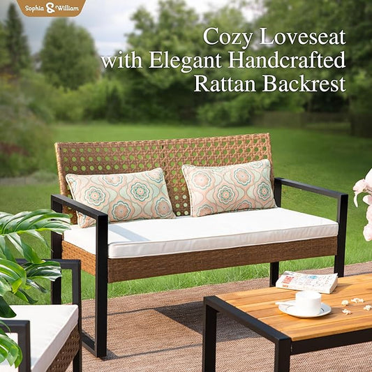 Sophia & William 4 Pieces Patio Conversation Set, Wicker Outdoor Furniture Set for 4, All Weather Outdoor Seating Set, Rattan Loveseat & Single Chairs with Cushions & Acacia Wood Coffee Table, Beige