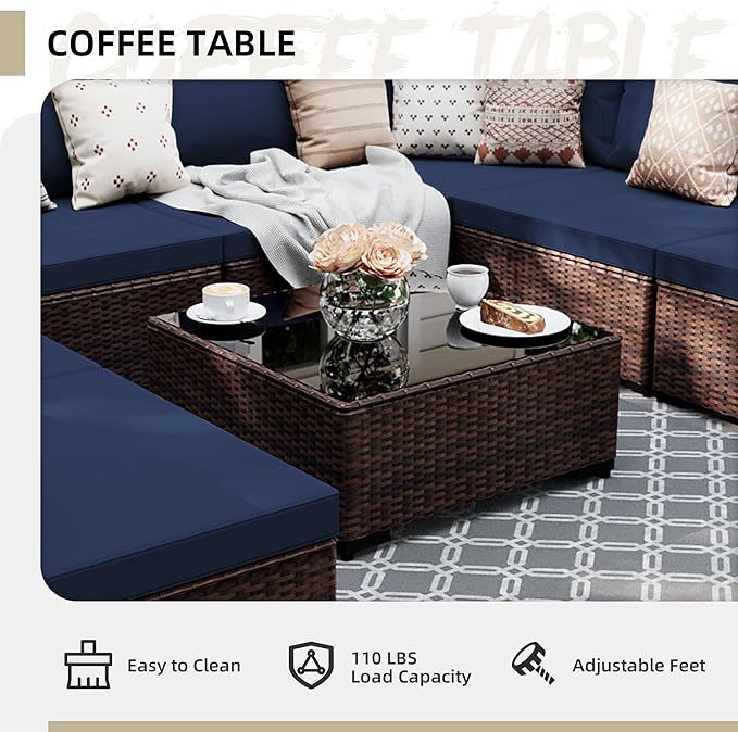 UPHA 9 Pieces Patio Furniture Sets Outdoor Sectional Sofa Wicker Conversation Couch for Decks, Backyards, Gardens, Brown Rattan, Navyblue Cushion