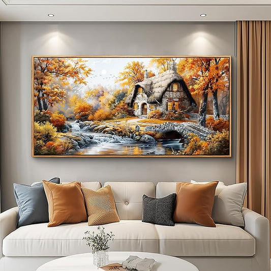 QIYILEXWART Large Wall Decor For Living Room Canvas Wall Art For Office Modern Wall Decorations For Bedroom Autumn Cottage River Landscape Painting Farmhouse Pictures Artwork Room Home Decor 24x48