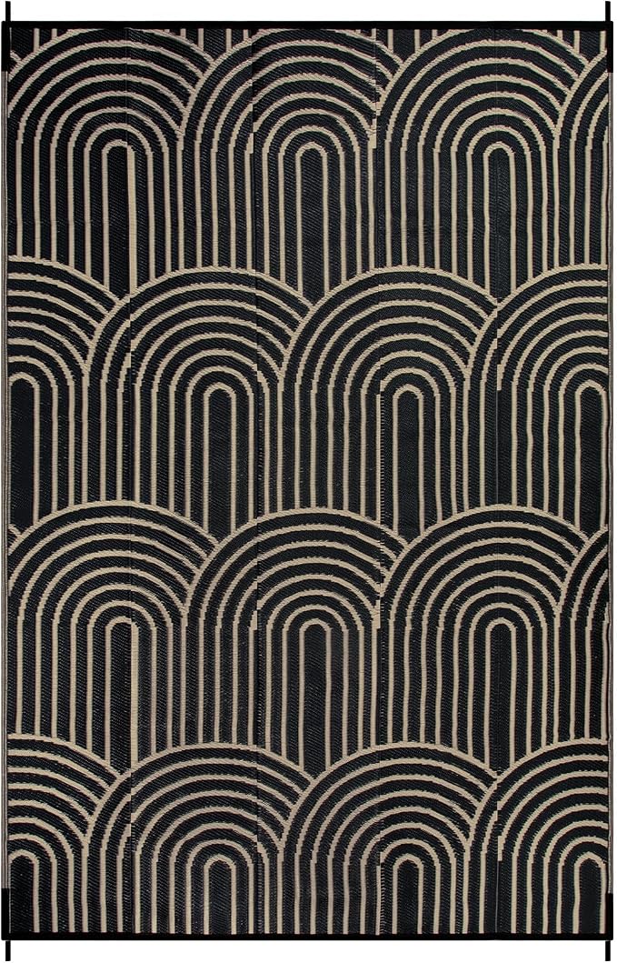 Anidaroel Patio Rugs Outdoor 6’x9’ Clearance Waterproof, Reversible Rainbow Outdoor Plastic Straw Outside Rugs, RV Outdoor Rugs for Camping, Porch, Balcony, Backyard (Black&Brown, 6‘X9')