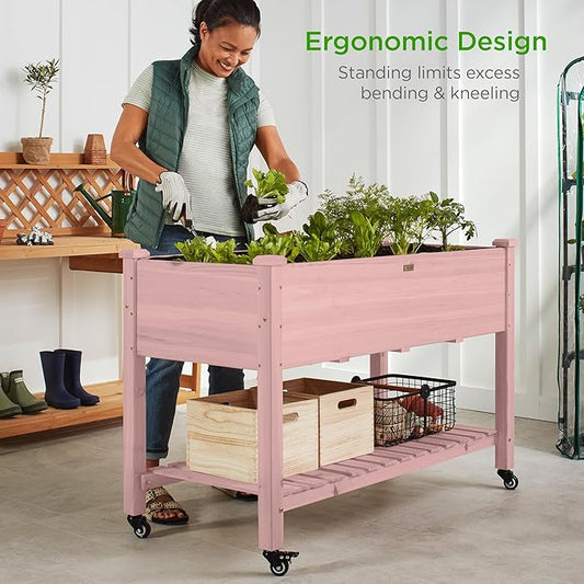 Best Choice Products Raised Garden Bed 48x24x32-inch Mobile Elevated Wood Planter w/Lockable Wheels, Storage Shelf, Protective Liner - Pink