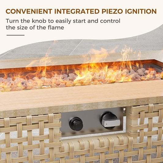 Grand patio 10-Piece Patio Furniture Set with 47" Fire Pit Table, Outdoor Conversation Set & 50,000 BTU 47 Inch Rectangle Propane Fire Pit & Storage Box with Water Resistant Thick Cushions, Cream