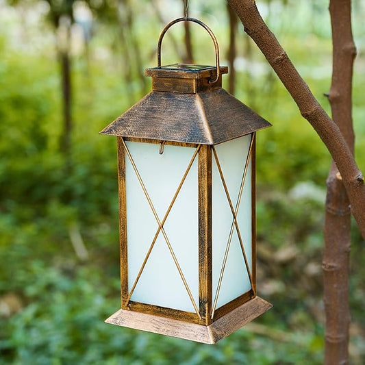 2 Pack Solar Lantern with Flickering Flame Candle, 13" Outdoor Waterproof Solar Lanterns Garden Decorative, Glass Hanging Lantern Metal for Outdoor Patio Yard Tabletop Decoration Mothers Day Gifts Mom