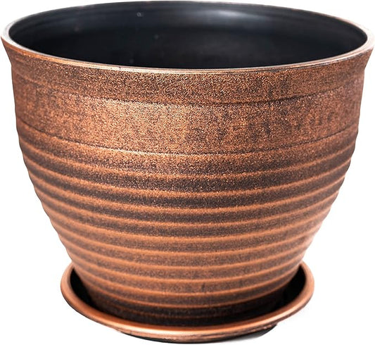 Circle Pattern 2 Pack Rustic French Country Look (2 Pots + 2 Matching Saucers) Plastic Planter for Indoor, Outdoor, Nursery, Garden, Patio, Office, Home Décor Use. Long Lasting, Lightweight (Copper)