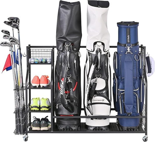 Mythinglogic 3 Golf Bags Storage Organizer-Extra Large Size Fits 3 Full Size Golf Bags,Garden Tool Organizer for Garage-Yard Tool Racks with Wheels