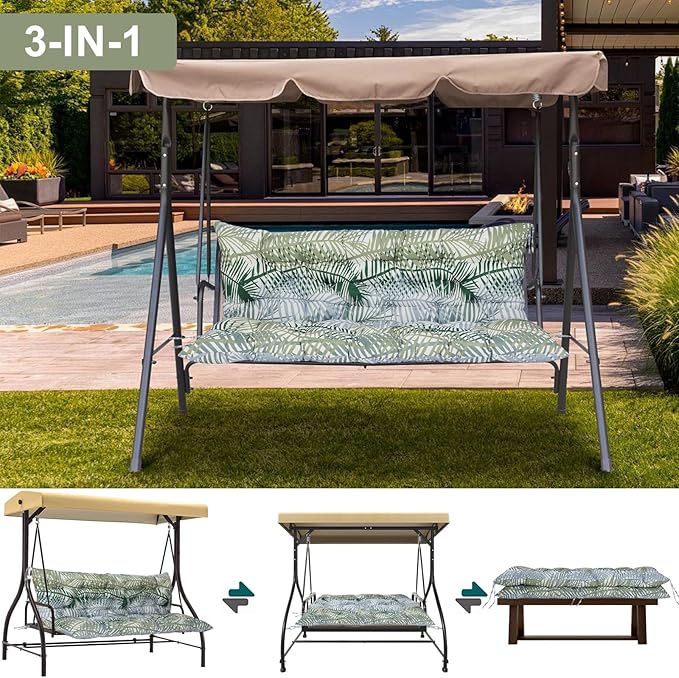 Outdoor Swing Cushions 3 Seater Waterproof, Replacement Bench Cushions for Outdoor Patio Furniture with Backrest, Porch Swing Cushion with Ties for Lawn and Garden (Bamboo Leaves, 40x40in)