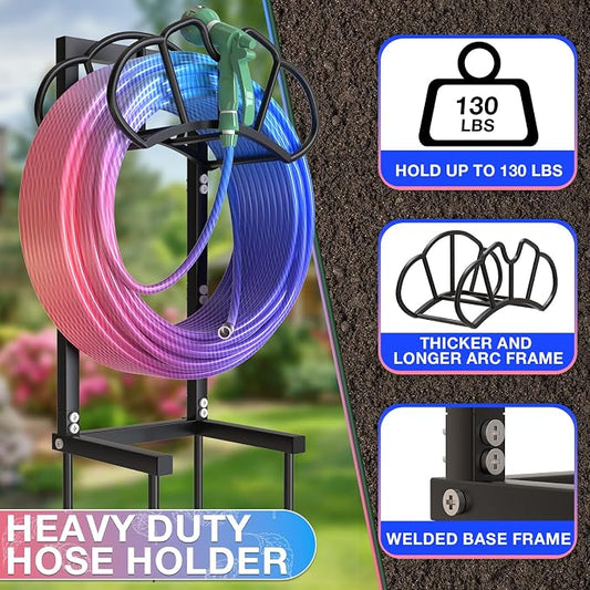 Qatsrin New Garden Hose Holder, Super Stable Water Hose Holders Stand Holds 160-Feet Hose, Rustproof Freestanding Hose Storage Hanger Rack for Outside Yard Lawn Farm, Black